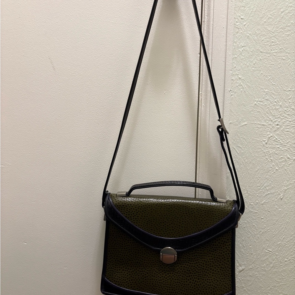 Roche Leather Company Crossbody “Malibu” in olive Emu and black
